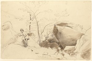Fontainebleau, Figura appoggiata a una roccia da Jean Baptiste Camille Corot