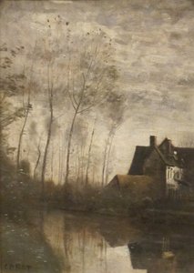 Francese: Scène de rivière avec maisons et peupliers Scena di fiume con case e pioppi da Jean Baptiste Camille Corot