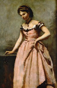 Ragazza in abito rosa con rose e una perla ... da Jean Baptiste Camille Corot