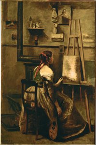 Studio di Corot - giovane donna seduta davanti a un cavalletto ... da Jean Baptiste Camille Corot