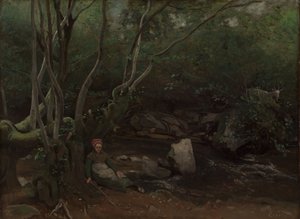 Lormes: Capraia seduta accanto a un ruscello in una foresta da Jean Baptiste Camille Corot
