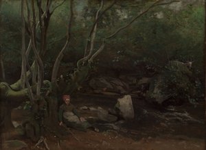 Lormes: Capraia seduta accanto a un ruscello in una foresta da Jean Baptiste Camille Corot