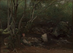 Lormes: Capraia seduta accanto a un ruscello in una foresta, 1842 da Jean Baptiste Camille Corot