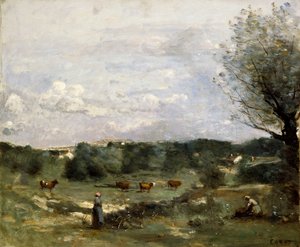 Prato con Mucche, un Salice a Destra e un Villaggio Distante da Jean Baptiste Camille Corot