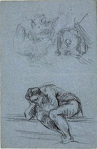 Figura seduta con testa tra le mani e due caricature (recto); quattro figure in una lunetta (verso) da Jean Baptiste Carpeaux