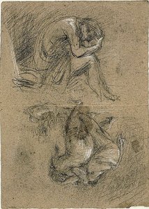 Schizzi: Uomo seduto con la testa tra le mani e due figure che si chinano verso altre sullo sfondo (recto); Donna sdraiata (verso) da Jean Baptiste Carpeaux