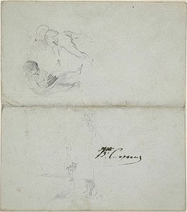 Schizzi di due bambini, barche in mare (recto); schizzi di figura maschile in piedi con bastone e scena costiera (verso). da Jean Baptiste Carpeaux