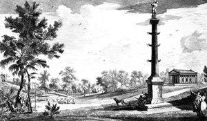 Vista dal monumento del Capitano Grenville al tempio greco, giardini di Stowe House, inciso da George Bickham, 1753