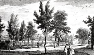 Veduta dei Campi Elisi dalla Fonte di Elicona, Giardini di Stowe House, inciso da George Bickham, 1753 da Jean Baptiste Claude Chatelain