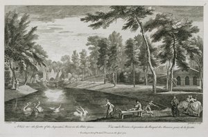 Vista sulla grotta del fiume Serpentine nel boschetto di ontani a Stowe, 1753, inciso da George Bickham da Jean Baptiste Claude Chatelain
