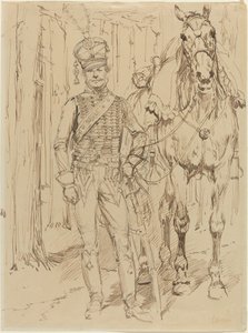 Un ussaro francese che conduce un cavallo da Jean Baptiste Edouard Detaille