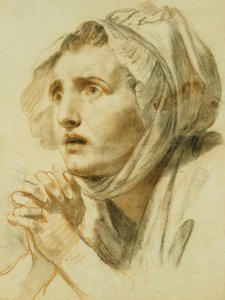 Ritratto di una donna, busto, con un cappello, con le mani giunte da Jean Baptiste Greuze