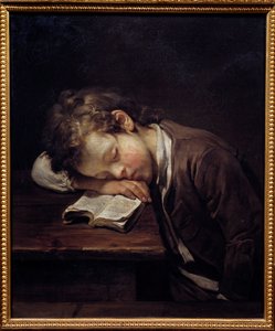 Il piccolo pigro. Ritratto di un giovane ragazzo che si è addormentato sul suo libro. Pittura di Jean Baptiste Greuze (1725-1805)