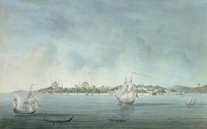 Veduta del Sultano Ahmet e Santa Sofia da Uskudar, a Costantinopoli da Jean Baptiste Hilair