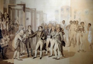 Napoleone Bonaparte (1769-1821), Primo Console, in presenza di Giuseppina di Beauharnais, visita la fabbrica di velluti dei fratelli Sevene a Rouen, novembre 1802 da Jean Baptiste Isabey