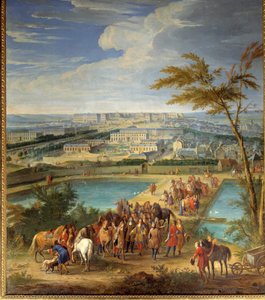 Veduta della città e del castello di Versailles presa dalla collina di Montbauron, Luigi XIV e François Michel le Tellier, Marchese di Louvois visitano i nuovi serbatoi