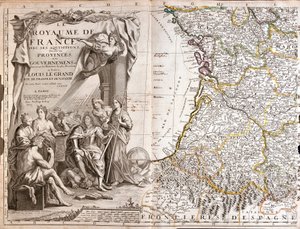 Mappa di Guienna e Guascogna, con un ritratto di Luigi XIV circondato da personaggi allegorici da Jean Baptiste Nolin