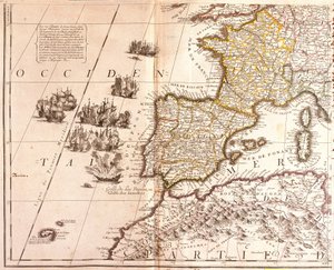 Mappa dei paesi del Mediterraneo occidentale: Francia, Spagna, Portogallo e Nord Africa, con le Baleari, la Corsica e la Sardegna