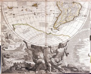 Due uomini sostengono il globo terrestre, con la mappa del Sud America