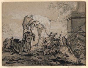 Disegno, Dopo la caccia: due segugi accanto a una testa di cinghiale, 1740 da Jean Baptiste Oudry