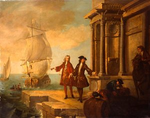 Mercanti europei con scaricatori che maneggiano una botte e una balla su un molo da Jean Baptiste Oudry