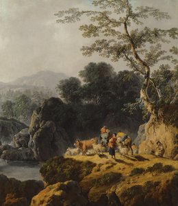 Paesaggio di una valle fluviale con pastori e viaggiatori da Jean Baptiste Pillement