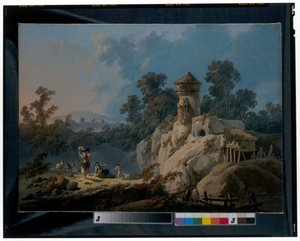 Un ampio paesaggio con pastori che riposano con i loro greggi sotto una torre da Jean Baptiste Pillement