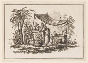 Figure con un vaso di fiori, da "Nouveau Cahier de Six Feuilles De Différents Sujets Chinois Historiés" da Jean Baptiste Pillement