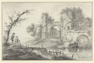 Rovina su un fiume con due contadini da Jean Baptiste Pillement