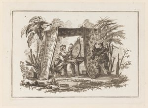 Donne che si guardano allo specchio, da "Nouveau Cahier de Six Feuilles De Différents Sujets Chinois Historiés" da Jean Baptiste Pillement
