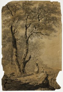 Paesaggio boscoso con due donne in primo piano da Jean Baptiste Pillement