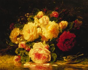 Rose con una cinciallegra vicino a un ruscello