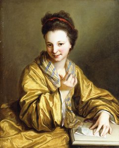 Una giovane donna, che indossa una veste gialla, seduta a un tavolo, che fa cenno, 1703