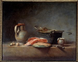 Pentola di rame, schiumarola, brocca e fetta di salmone. Natura morta da Jean Baptiste Simeon Chardin
