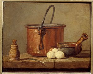 Utensili da cucina, calderone, padella e uova