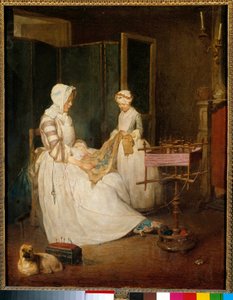 La madre lavoratrice Una madre aiutata dalla figlia a ricamare e usare un telaio. Dipinto di Jean Baptiste Simeon Chardin (1699-1779) da Jean Baptiste Simeon Chardin