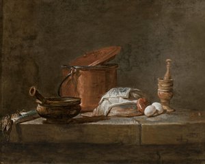 Porri, una casseruola con un panno, una pentola di rame e un coperchio, una cipolla e uova con pestello e mortaio, su un ripiano di pietra da Jean Baptiste Simeon Chardin