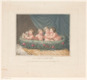 Quattro putti con un cane in un cesto di rose su un cuscino
