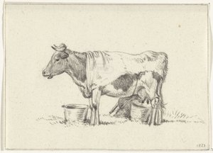 Mucca in piedi, con secchio del latte e sgabello per mungere da Jean Bernard