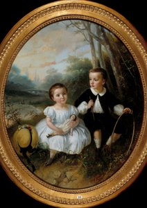 Il bambino con il cerchio Dipinto di Bertou 1863 Collezione privata da Jean Bertou