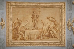 Finto rilievo dorato, con la statua di Bacco circondata da alcuni offerenti che alzano coppe di vino da Jean Boulanger
