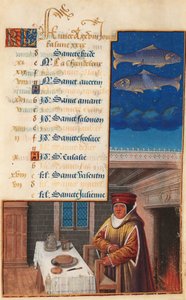 Ore di Luigi XII (precedentemente Ore di Enrico VII), foglio del calendario per il mese di febbraio, c.1490-1510