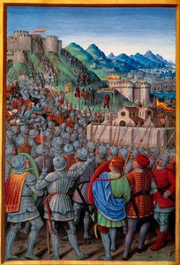 I Genovesi attaccano il Castellacio di Genova difeso dai Francesi (12 marzo 1507). Miniatura di Jean Bourdichon in "Voyage de Genes" (Folio 20v) scritto da Jean Marot, c.1508. Parigi, NL da Jean Bourdichon