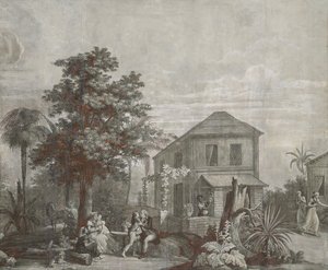 Tempo in famiglia, pannello di carta da parati dalla serie "Paul et Virginie", di Dufour & Cie, c.1823 da Jean Broc