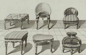 Tabourets, Bidets de Toilette, Marchepied, pubblicato a metà degli anni 1770 da Jean Charles (after) Delafosse