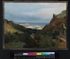 Paesaggio italiano con vista su un porto, prima del 1875