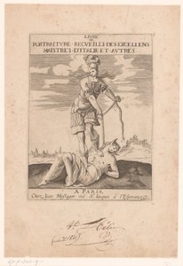 Minerva lega la Stupidità con una corda (Pagina del titolo per: s.n., Livre de portraiture receuilli des excellens maistres d’Italie et autres, ca. 1627) da Jean Dubrayet