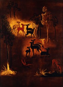 Pannello decorato con cervi in un paesaggio boschivo da Jean Dunand