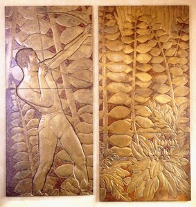 Quattro pannelli in legno laccato e dorato da 