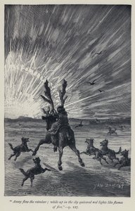 "Via volarono le renne, mentre nel cielo tremolavano luci rosse come fiamme di fuoco" (incisione) da Jean Edouard Dargent
